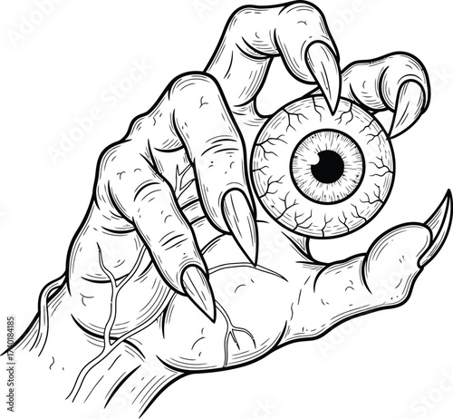 Monster hand with claws holds a creepy eyeball drawing