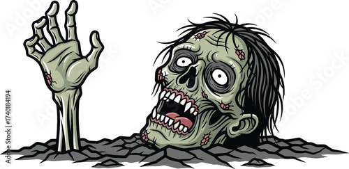 Cartoon zombie rises from the grave with outstretched hand