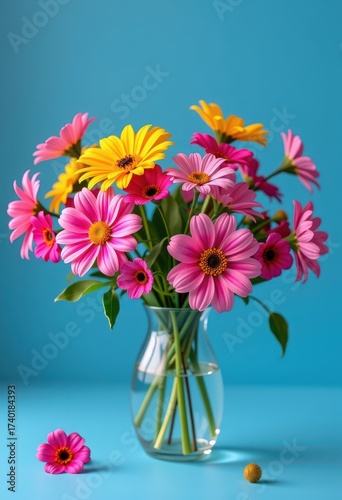 Wallpaper Mural Elegant glass vase filled with vibrant blooms rests on a serene blue background, image, fresh Torontodigital.ca