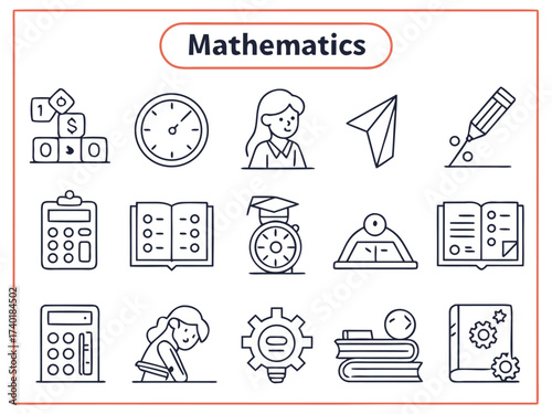 Minimal line icons for mathematics and science concepts