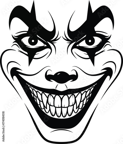 Creepy clown face with scary makeup and evil grin vector