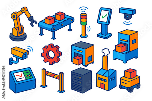 Smart Factory Automation. Isometric vector illustration set Smart Assembly Lines: robotic arm, conveyor belt, machine sensors,