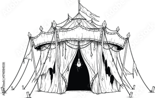 Detailed sketch of a vintage circus tent with lightbulb