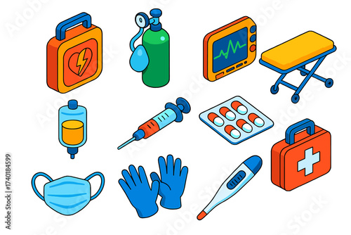 Life-Saving Equipment Icons. Isometric vector illustration set Life-Saving Equipment: defibrillator, oxygen tank, heart monitor,
