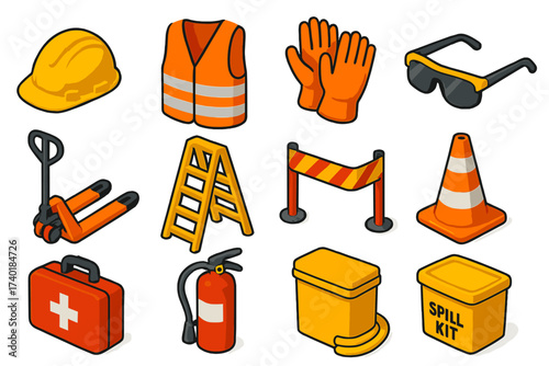 Warehouse Safety Icons. Isometric vector illustration set Warehouse Safety Equipment: helmet, safety vest, gloves, safety boots,
