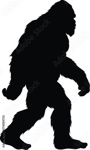 Silhouette of bigfoot walking on a white background