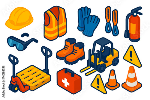 Safety Equipment Icons. Isometric vector illustration set Safe Handling Icons: hard hat, reflective vest, gloves, boots, goggles,
