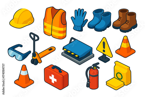 Loading Dock Safety Icons. Isometric vector illustration set Loading Dock Safety: hard hat, safety vest, gloves, boots, goggles,