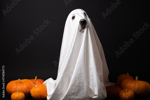 Cute ghost dog for Halloween. A golden Retriever in a ghost costume sits on a black background with pumpkins