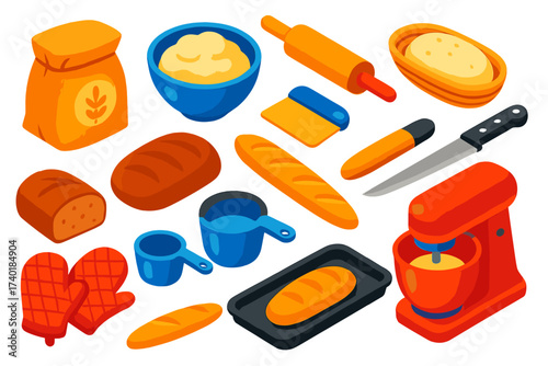 Bread Baking Icons. Isometric vector illustration set Bread Baking Process: flour bag, mixing bowl, rolling pin, proofing basket,