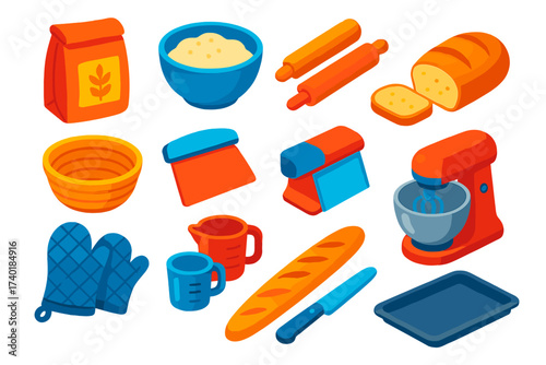 Bread Baking Icons. Isometric vector illustration set Bread Baking Process: flour bag, mixing bowl, rolling pin, proofing basket,
