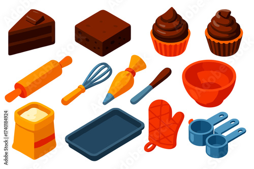 Chocolate Dessert Icons. Isometric vector illustration set Chocolate Desserts: chocolate cake slice, brownie, chocolate bar,