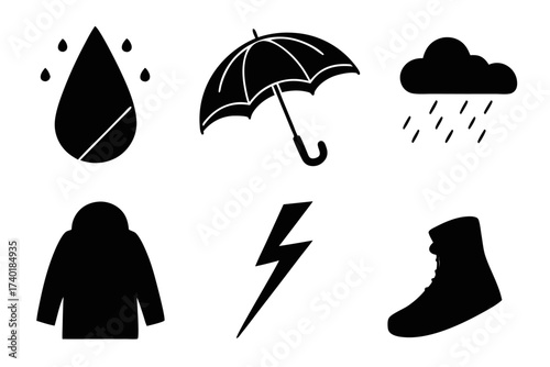 Minimalist rainy sky icon set in black and yellow