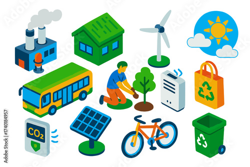 Air Pollution Solutions. Isometric vector illustration set Air Pollution Control: factory with emissions filter, green roof