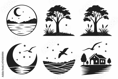 Serene twilight minimalist icon set with six unique designs