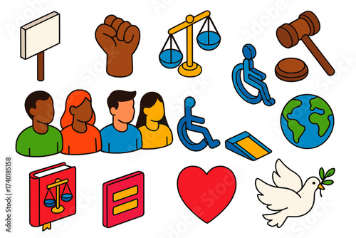Advocacy and Justice Icons. Isometric vector illustration set Advocacy and Justice: protest sign, raised fist, balanced scales,