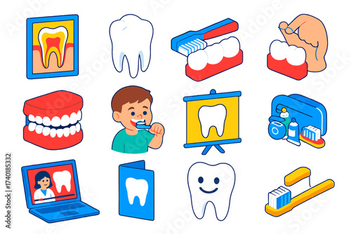 Colorful Dental Education Icons. Isometric vector illustration set Dental education: tooth anatomy chart, model tooth, brushing
