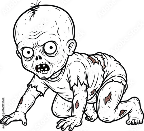 Cartoon zombie baby crawling with a scary expression on face