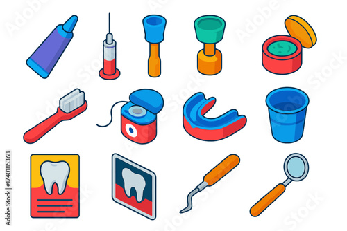 Preventive Dentistry Tools. Isometric vector illustration set Preventive dentistry: fluoride gel, sealant applicator, prophy cup,