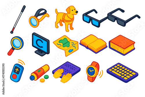 Visual Assistance Icon Set. Isometric vector illustration set Visual assistance: white cane, guide dog, smart glasses, magnifying