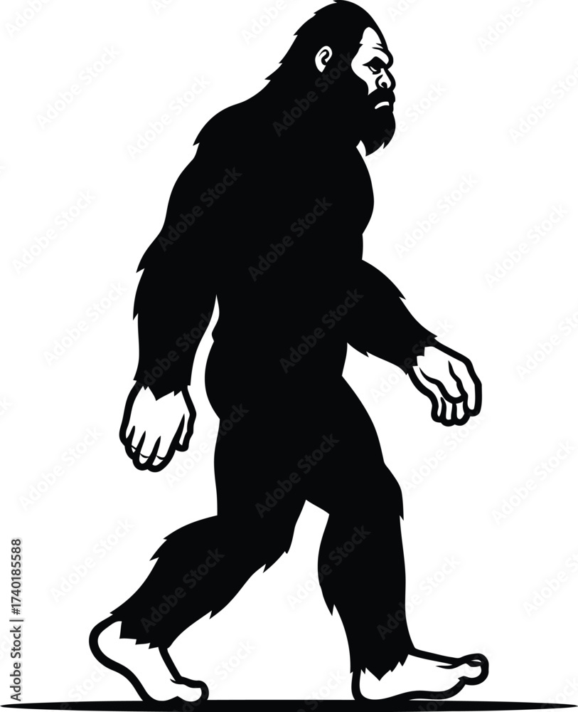 Fototapeta premium Black silhouette of bigfoot walking on a white background