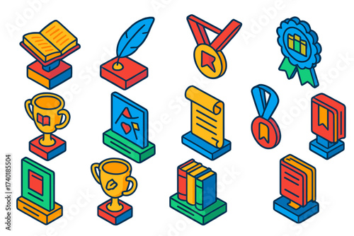 Literary Awards Icons. Isometric vector illustration set Literature awards: open book trophy, quill pen plaque, poetry award medal