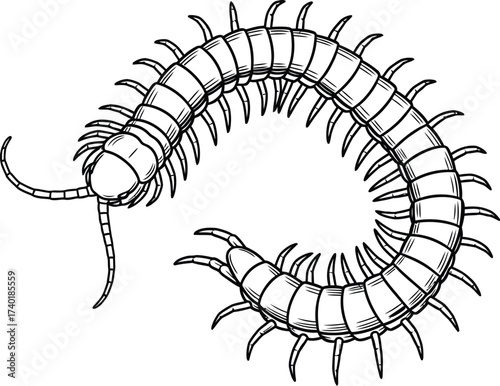 Centipede illustration with many legs on a white background