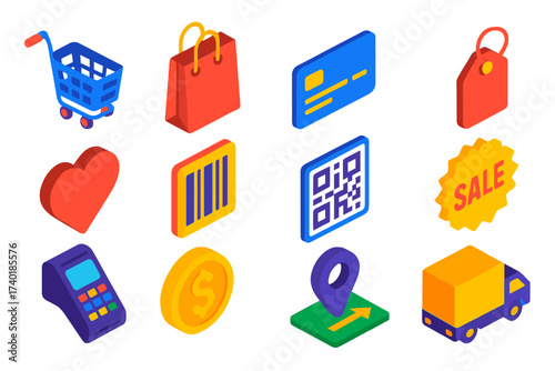 Isometric E-commerce Icons. Isometric vector illustration set E-commerce UI: shopping cart, shopping bag, credit card, price tag,