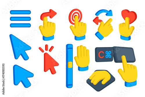 Bright Interactive UI Icons. Isometric vector illustration set Interaction UI: drag handle icon, swipe gesture icon, tap icon,