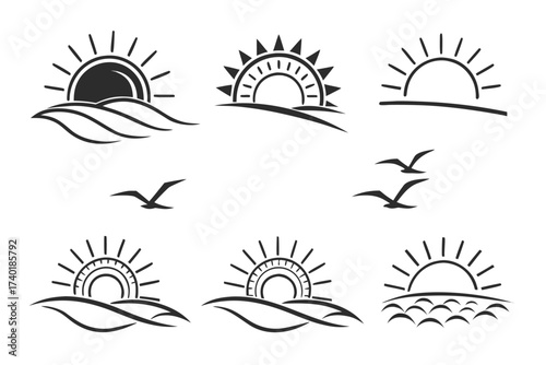 Minimalist sunrise horizon icon set with soft colors