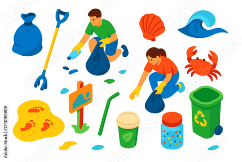 Beach Cleanup Icons. Isometric vector illustration set Beach cleanup: trash bag, litter grabber tool, volunteers picking up trash,