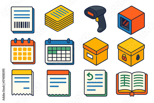 Payment Office Icons. Isometric vector illustration set Payment processing office: sales invoice with barcode, bulk invoice stack,