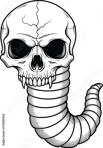 Line art drawing of a skull with a segmented worm body