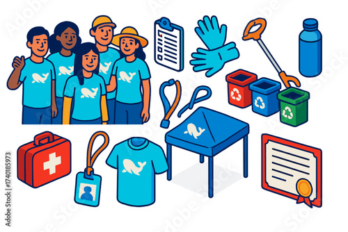 Ocean Volunteer Icons. Isometric vector illustration set Ocean volunteer activities: group photo of volunteers, sign-up sheet,