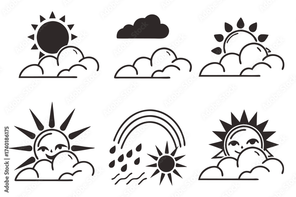 Obraz premium Minimalist sunbeam and cloud icon set in yellow and black