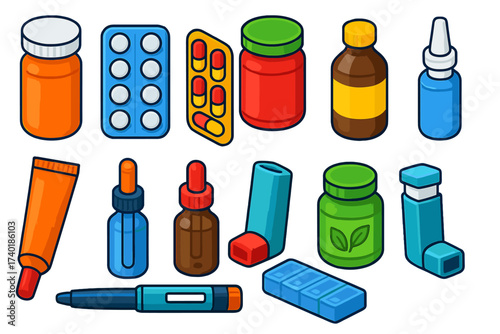 Colorful Medical Essentials. Isometric vector illustration set Medicine essentials: pill bottle, blister pack of tablets, capsule