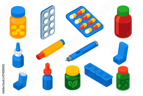 Colorful Medical Essentials. Isometric vector illustration set Medicine essentials: pill bottle, blister pack of tablets, capsule