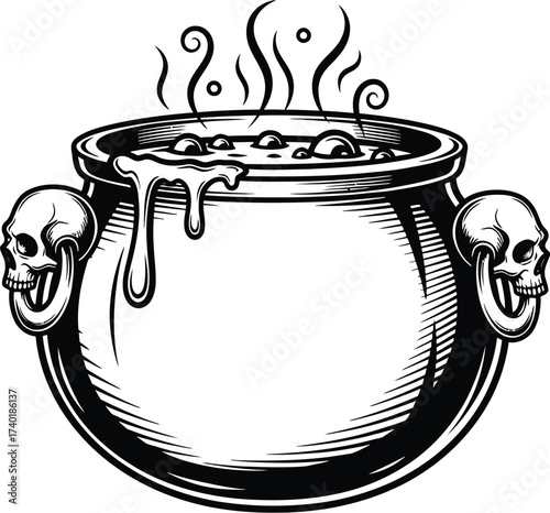 Steaming witch's cauldron with skull handles for halloween