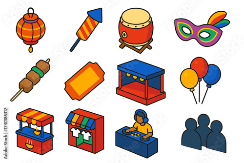 Street Festival Icons. Isometric vector illustration set Street festival: hanging lantern, firework rocket, taiko drum, masquerade