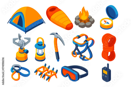 Expedition Gear Icons. Isometric vector illustration set Extreme expedition gear: mountaineering tent, expedition sleeping bag,