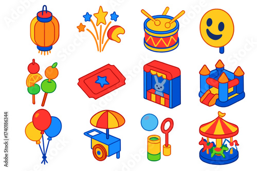 Children's Festival Icons. Isometric vector illustration set Children’s fun festival: cartoon lantern, star firework, toy drum,