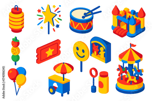Children's Festival Icons. Isometric vector illustration set Children’s fun festival: cartoon lantern, star firework, toy drum,