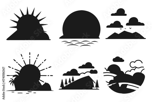 Minimalist sunset cloudscape icon set with six designs