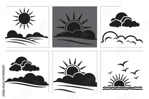 Minimalist sunset cloud veil icon set