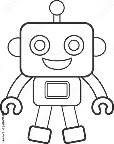 Cheerful Robot Cartoon in Playful Line Art Style for Coloring Book Design