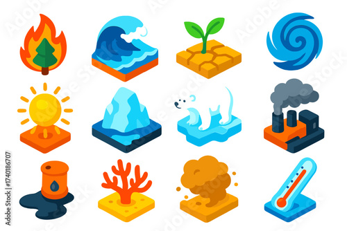 Climate Hazards Icons. Isometric vector illustration set Climate change hazards: wildfire icon, flood wave, drought plant,