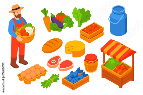 Farm-to-Table Icons. Isometric vector illustration set Farm-to-table agriculture: farmer with basket, fresh vegetables, fruit