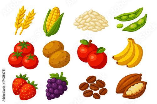 Vibrant Farm Produce Icons. Isometric vector illustration set Agricultural produce: wheat, corn, rice, soybeans, tomatoes,