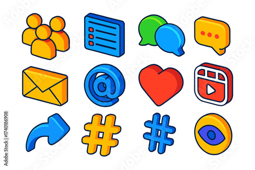 Vibrant Community Icons. Isometric vector icon set community building: group users, forum menu, chat bubbles, message bubble,