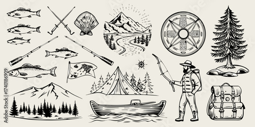 Vintage hand drawn collection of outdoor adventure and fishing elements